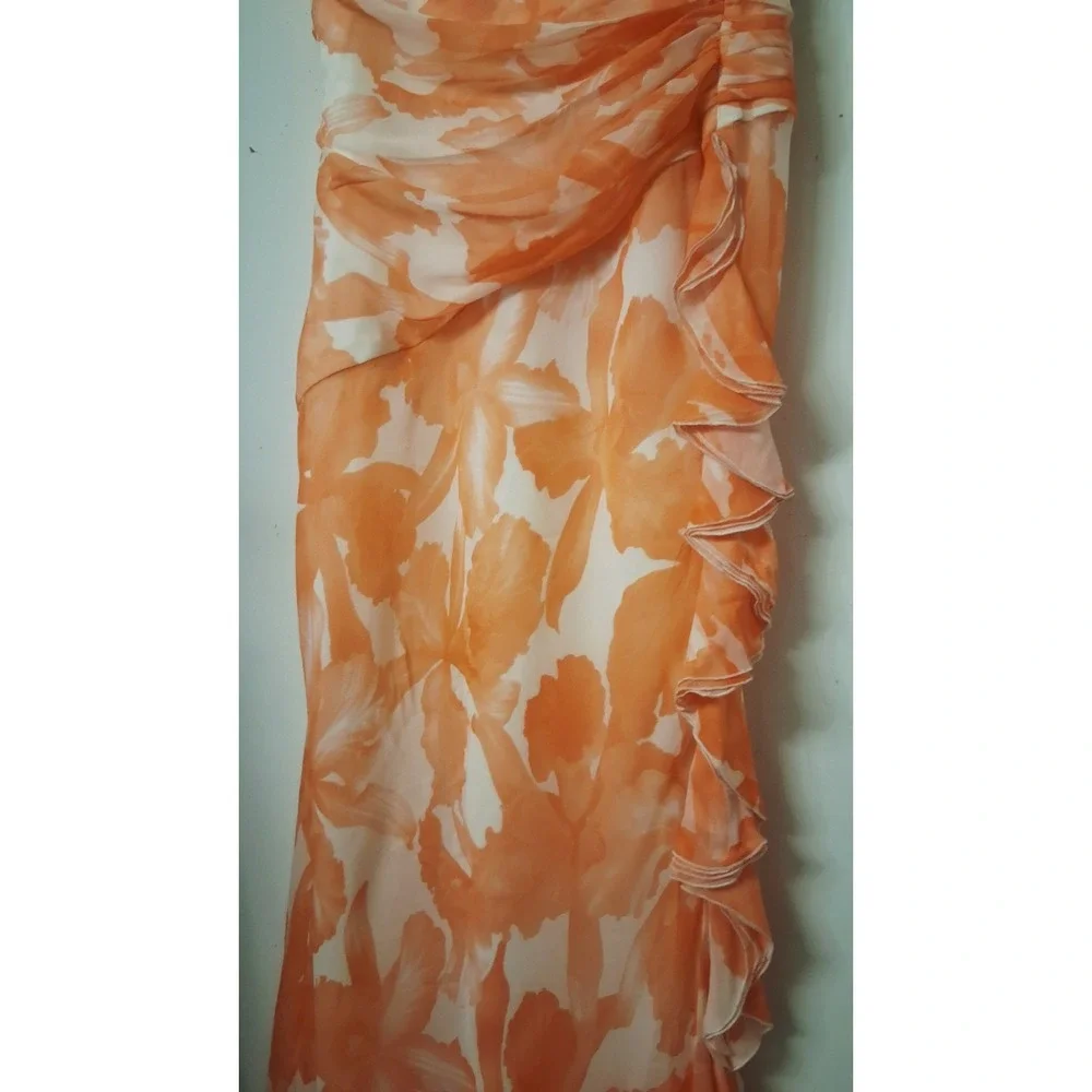 100% Silk Floral‎ Maxi Dress Women's 12 Strappy Ruffle Waterfall Chiffon Fairy - Picture 4 of 16